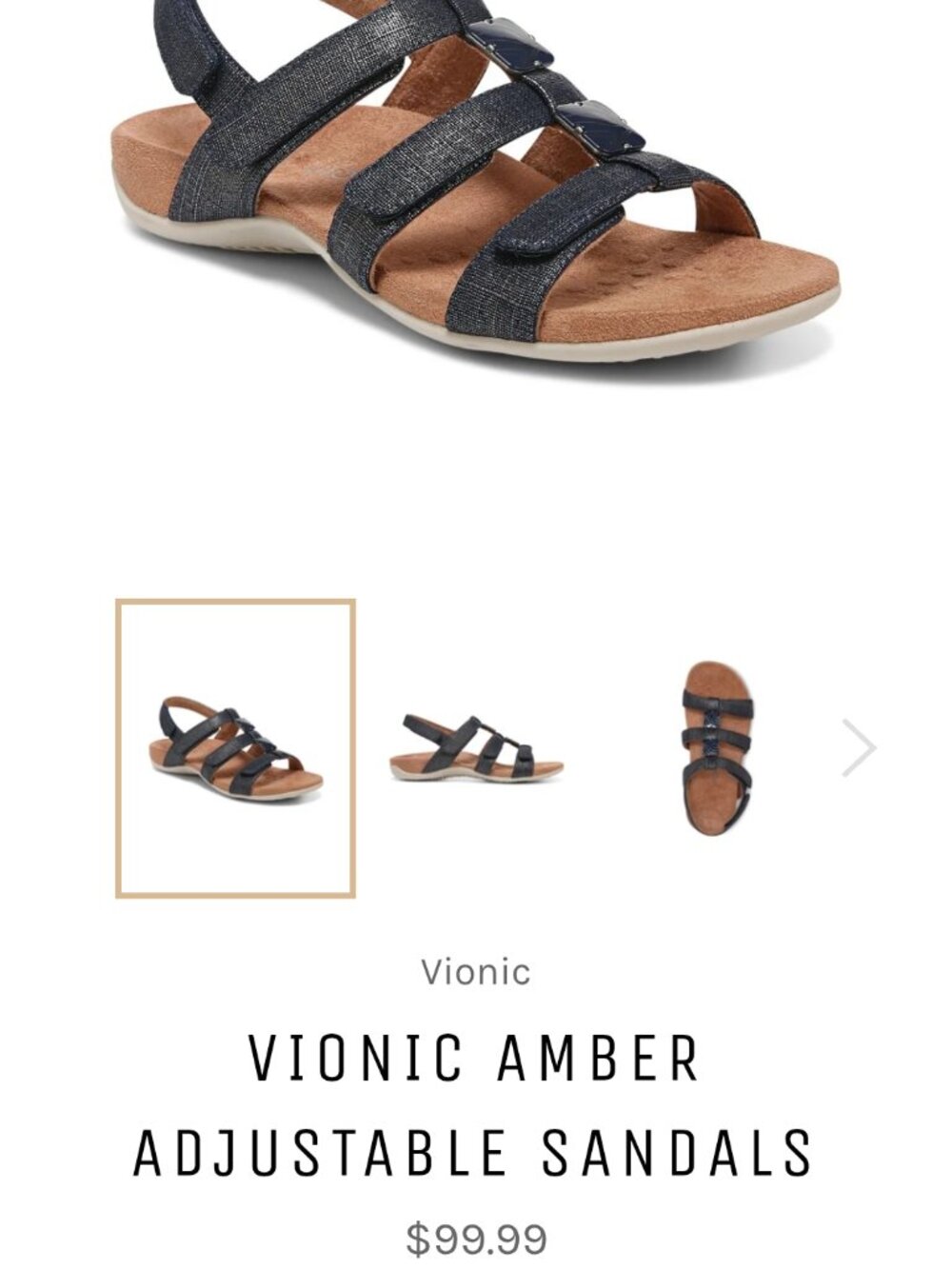 Vionic Amber Navy Blue Adjustable Sandals Size 7.5